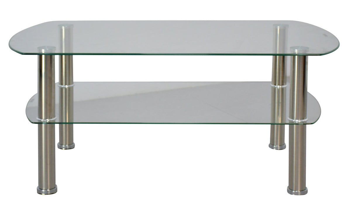 VIEN center table with two rounded glass shelves and four silver metal legs