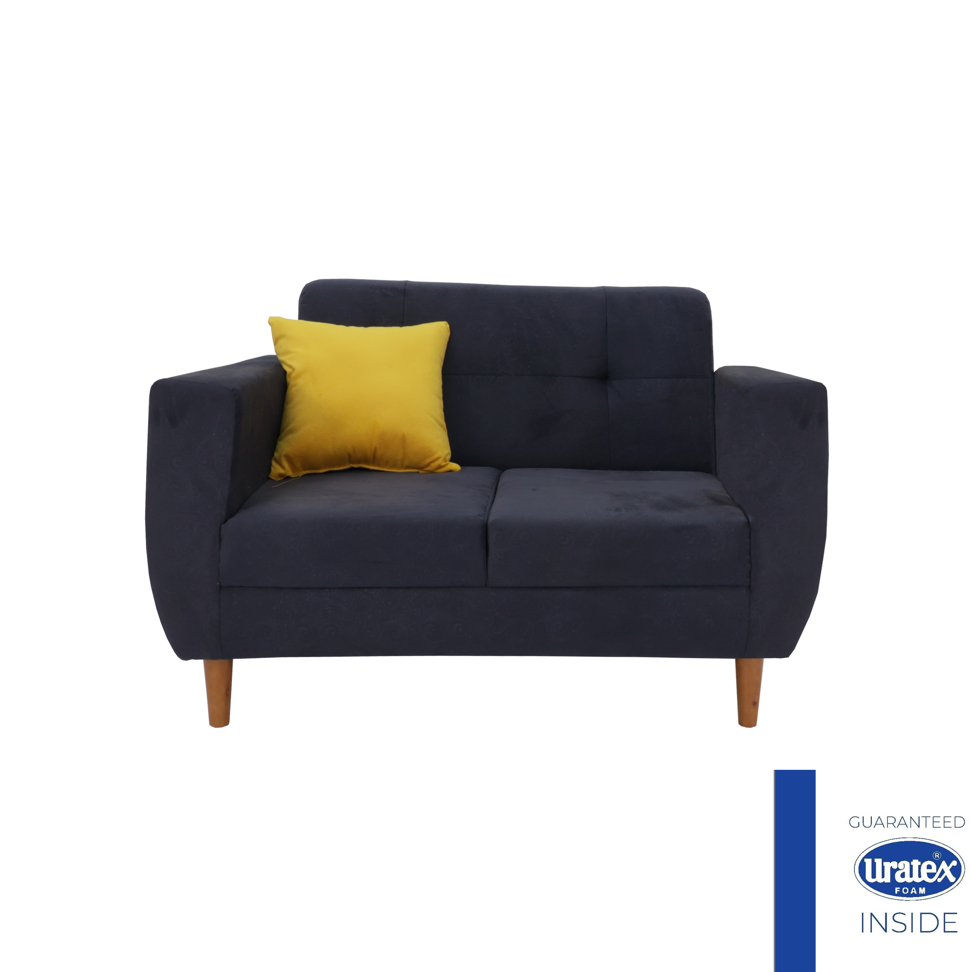 Dark blue 2-seater sofa with tufted back, padded arms, yellow throw pillow
