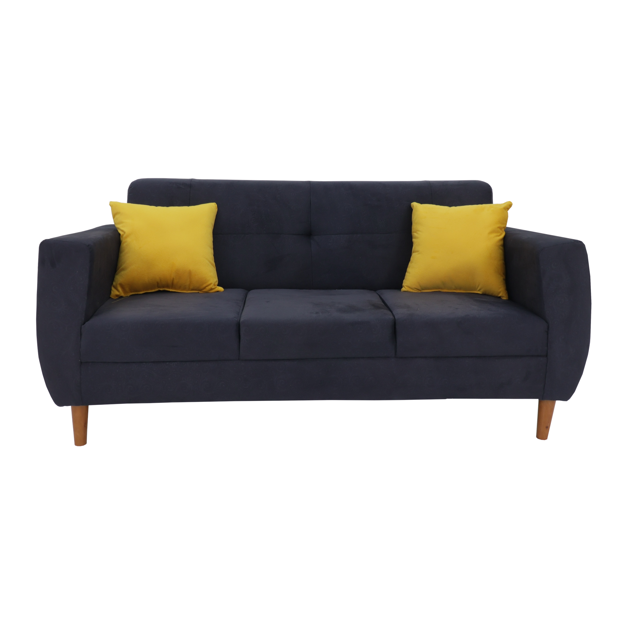 Blue-gray 3-seater sofa with three seat cushions and two yellow pillows