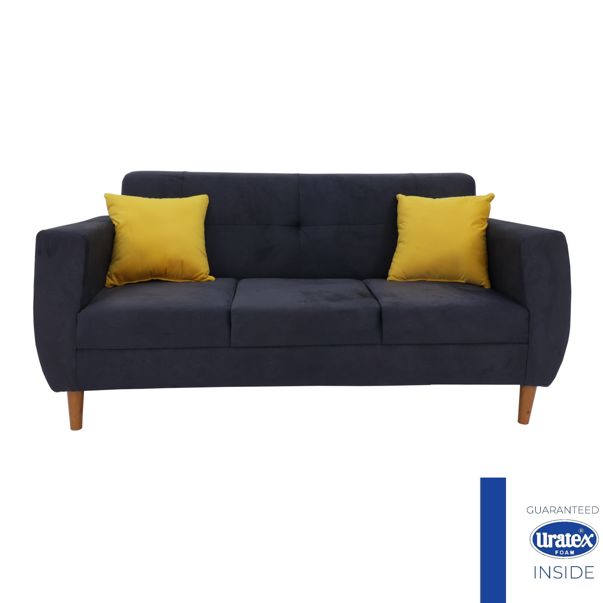 Blue-gray 3-seater sofa with two yellow pillows; Uratex foam badge