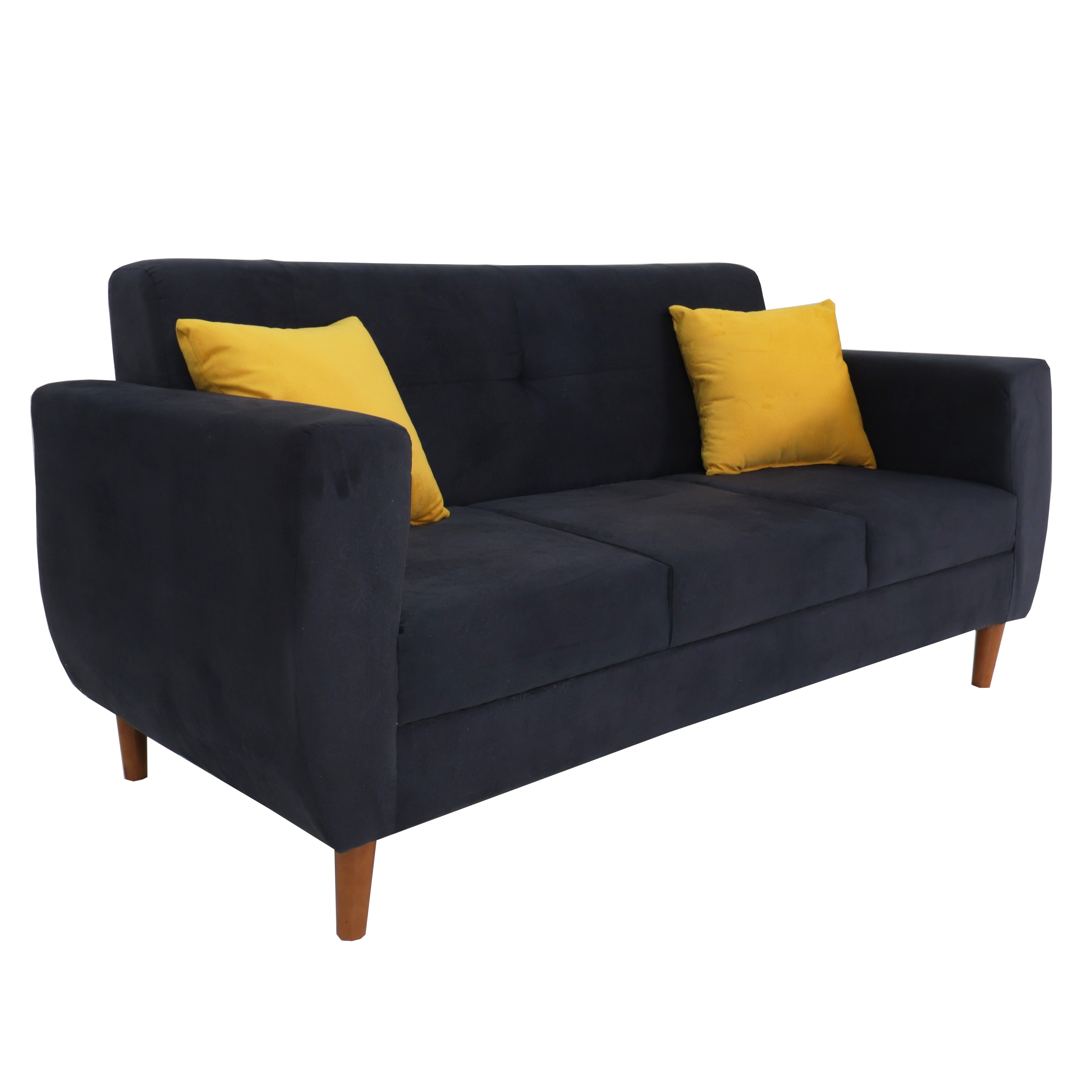 Blue-gray 3-seater sofa with two yellow throw pillows and tufted backrest