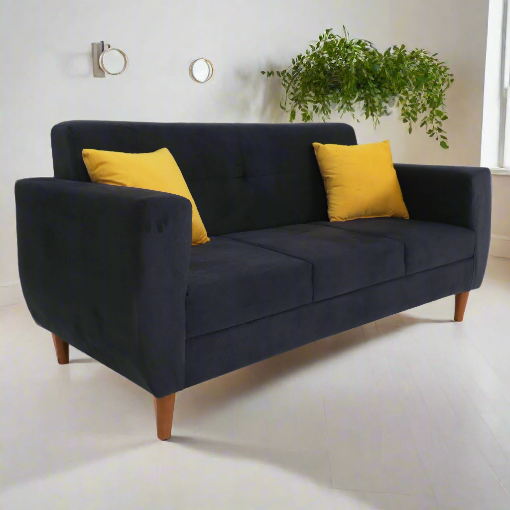 Blue-gray 3-seater sofa with wooden legs and two yellow throw pillows