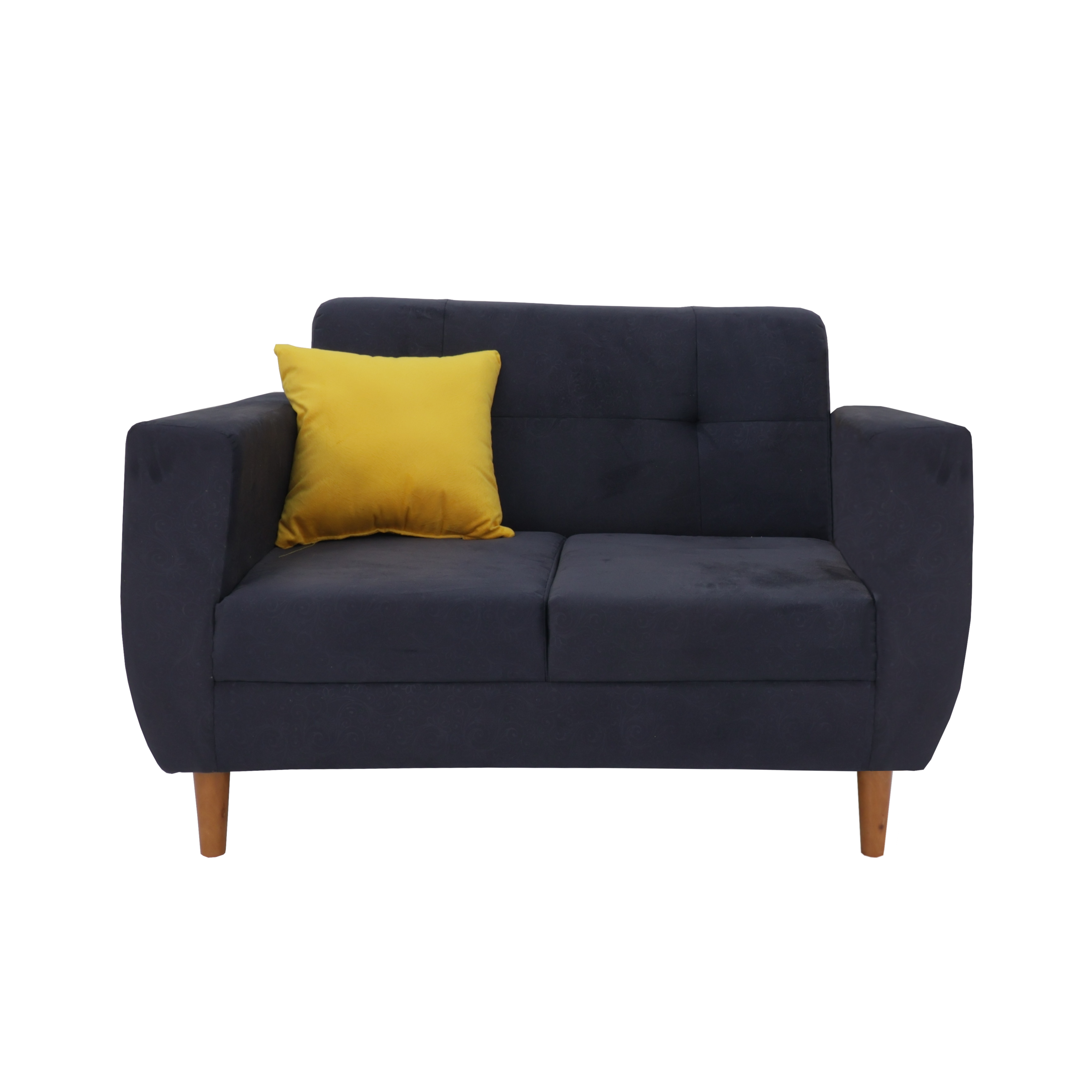 Dark blue 2-seater sofa with tufted back, yellow accent pillow, wooden legs