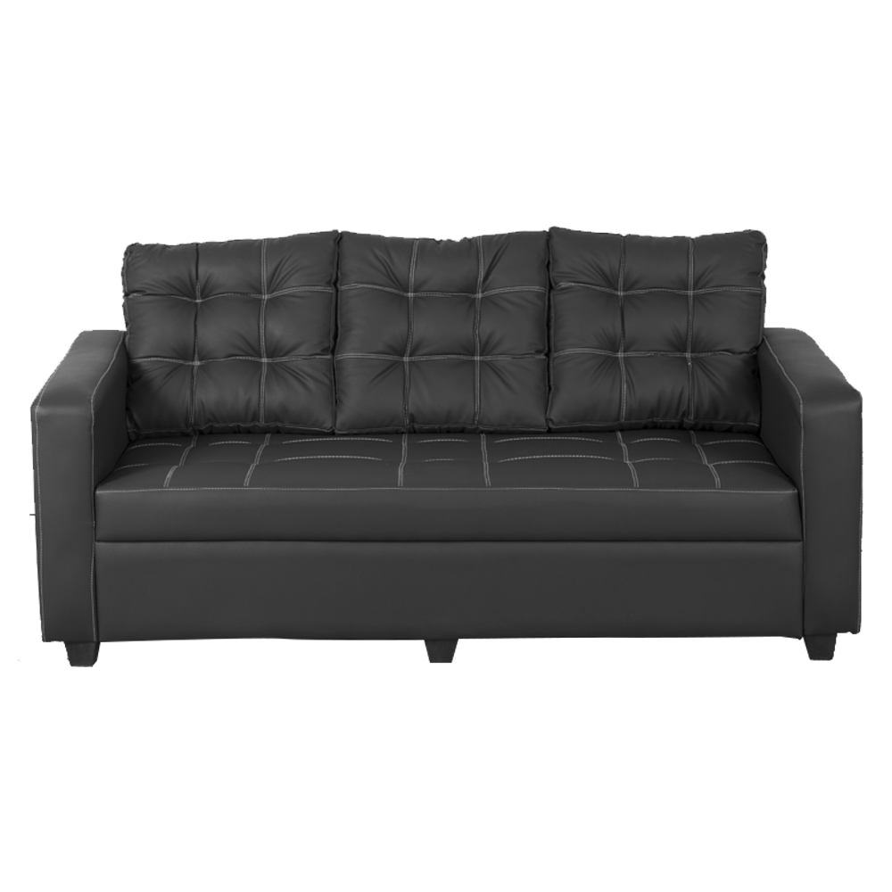 Dark 3-seater sofa with tufted back cushions and smooth padded seat