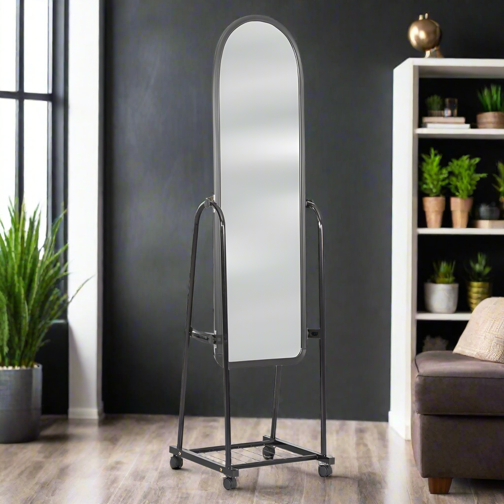 Black arched standing mirror with reflective panel and metal base with caster wheels