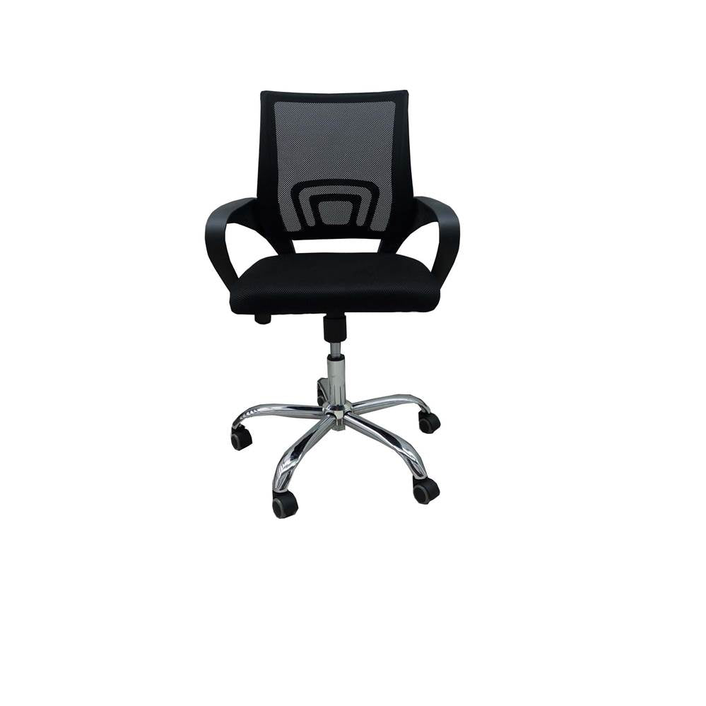 Black office chair with mesh back, padded seat, chrome base, and rolling casters