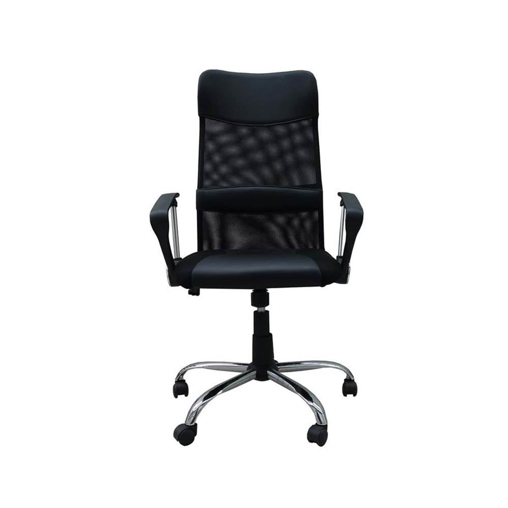 Black executive chair with padded back, seat, armrests, swivel base and casters