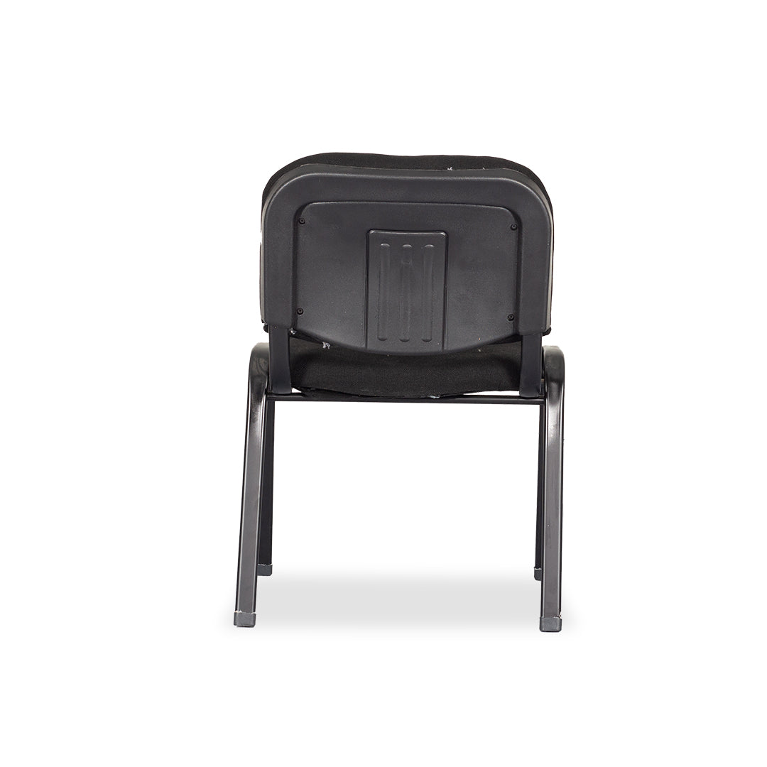 Black visitors chair back view with padded backrest and seat on metal legs