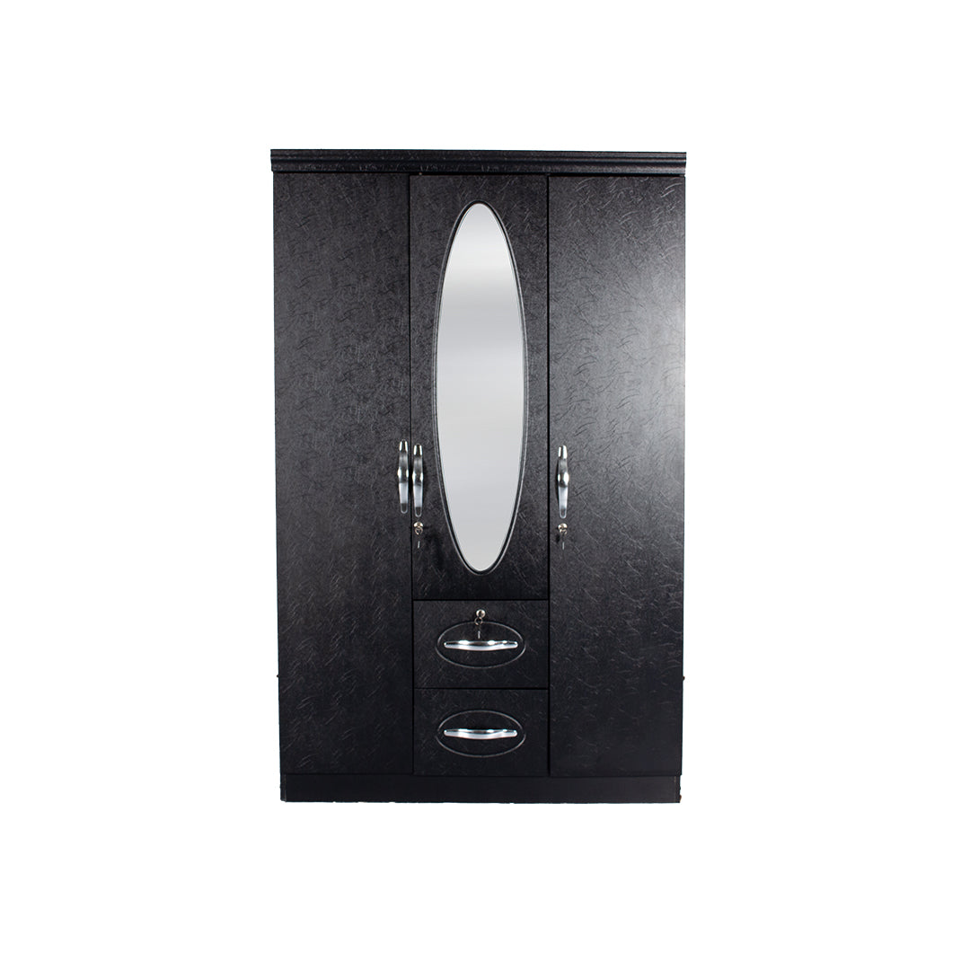 3-door wardrobe with oval mirror and two drawer fronts, dark finish