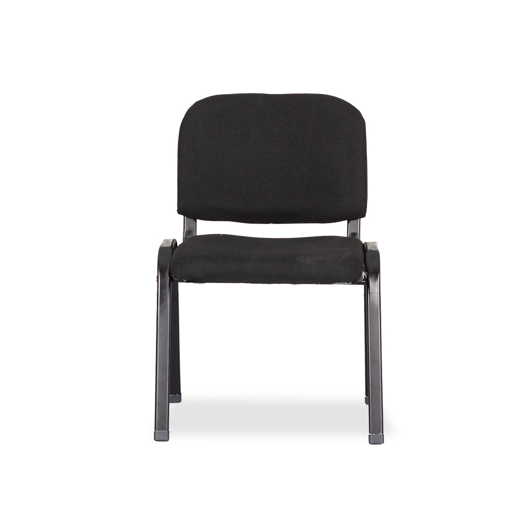 Black visitors chair with padded backrest and seat, front view on metal legs