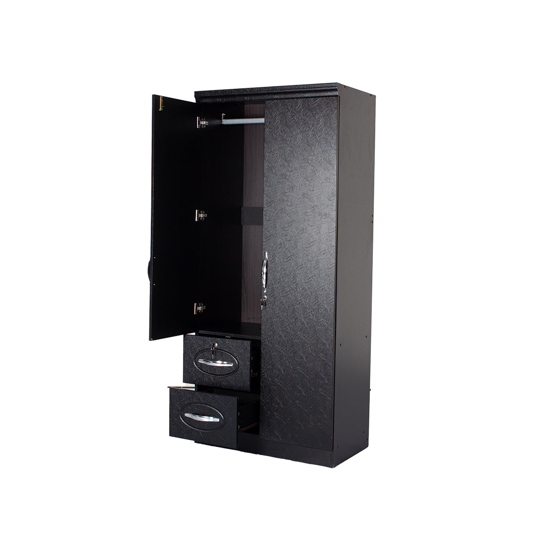 2-door wardrobe with doors open, dark textured finish, interior shelves and drawers
