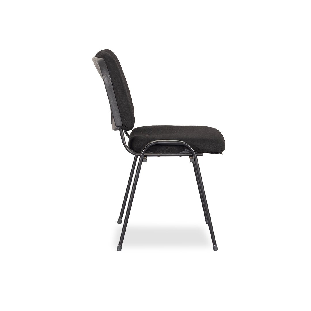 Black visitors chair angled view, padded back and seat with metal frame