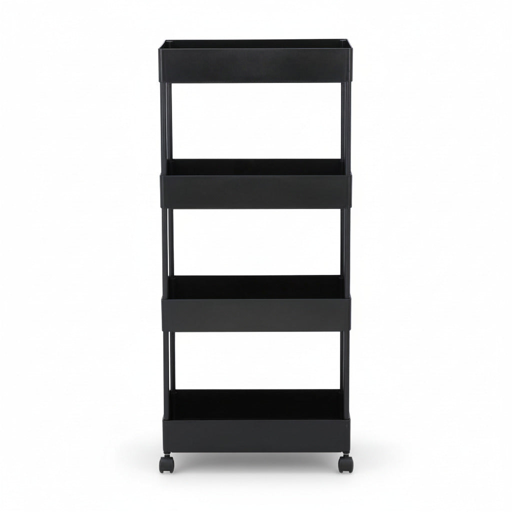4-tier black trolley with four open tiers and caster wheels, minimalist frame