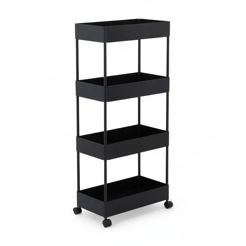 4-tier black trolley with open shelves and bottom tray, on four caster wheels
