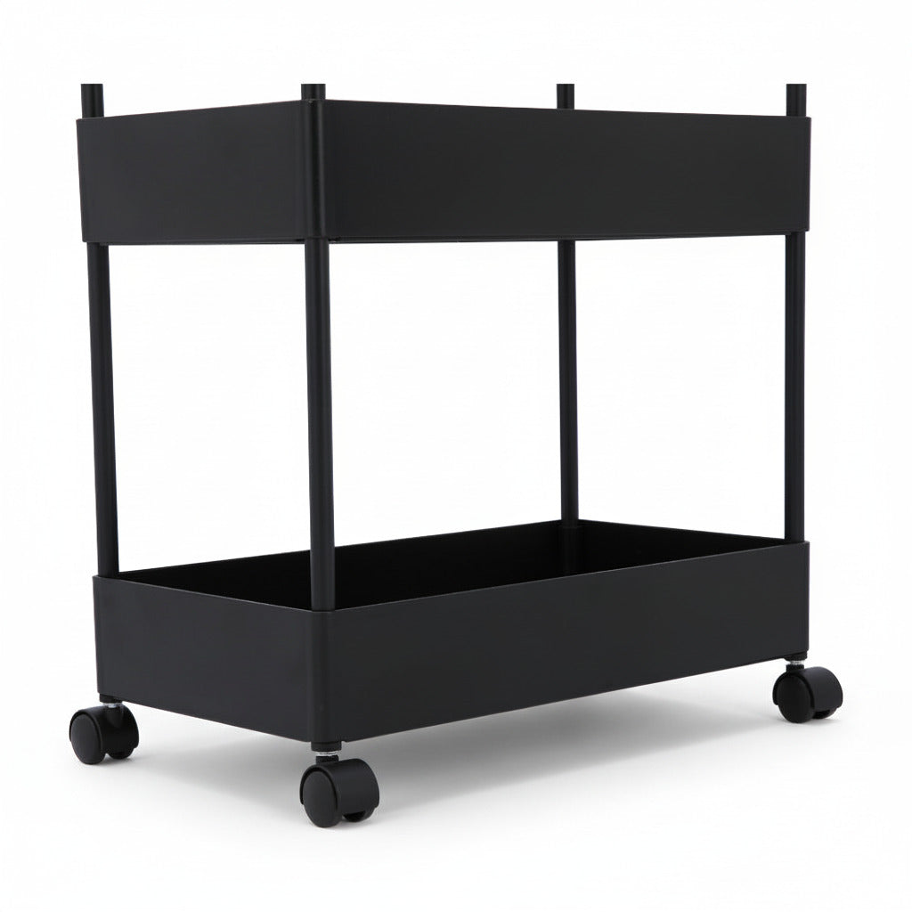 4-tier black trolley with open middle shelf and caster wheels, clean frame design