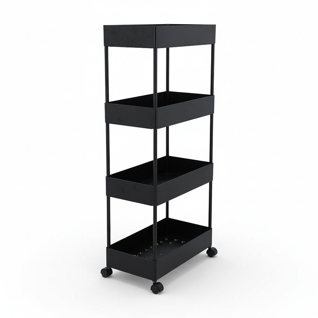 4-tier black trolley with open shelves and bottom compartment, on wheels