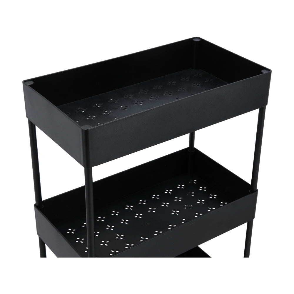 4-tier black trolley with open shelves and perforated top tray, on four wheels