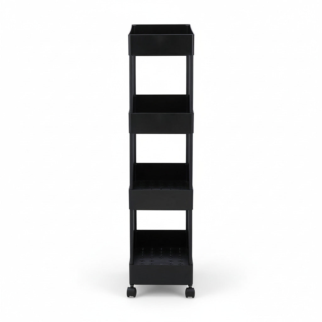 4-tier black trolley with three open shelves and top frame, on caster wheels
