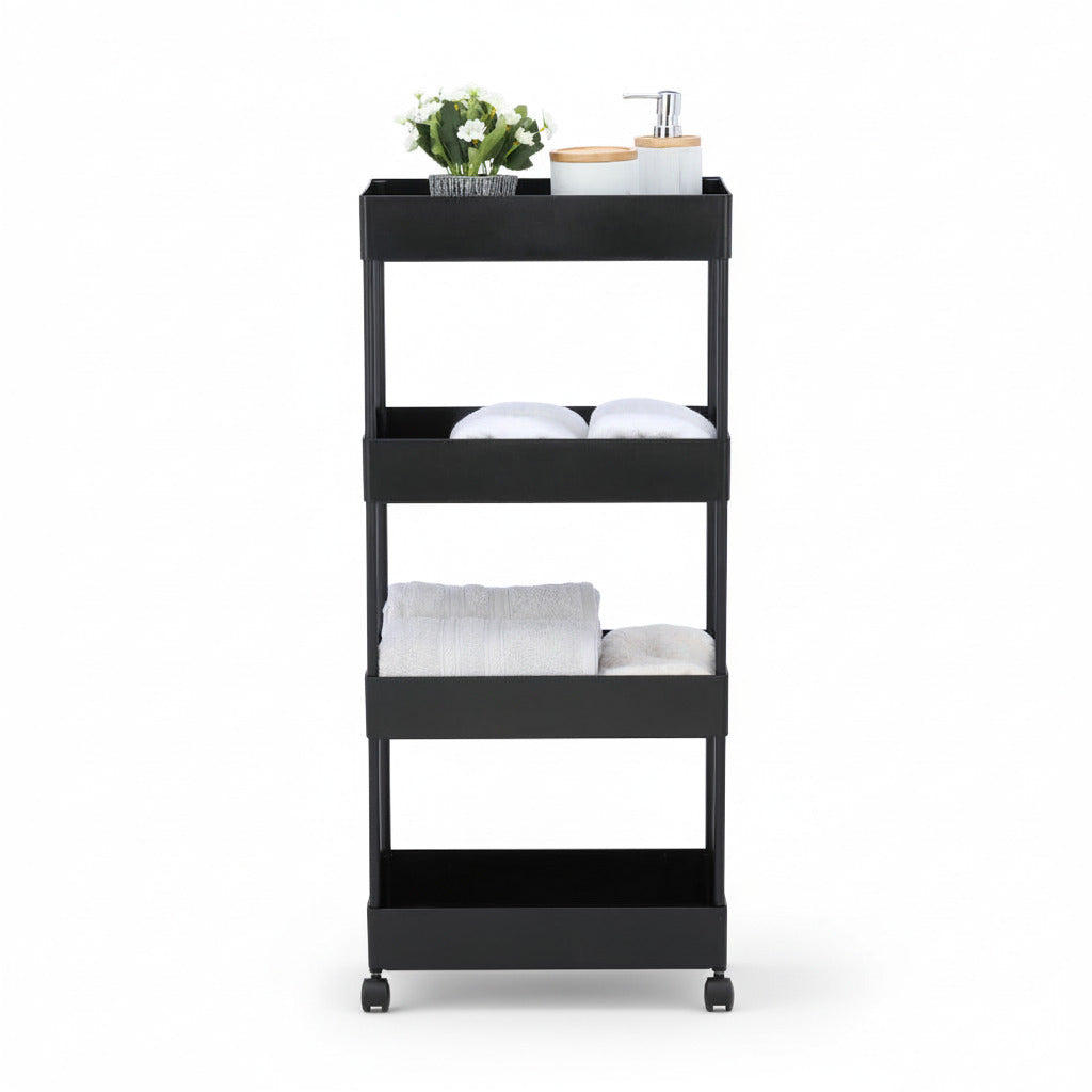 4-tier black trolley holding stacked white linens on open shelves, on wheels