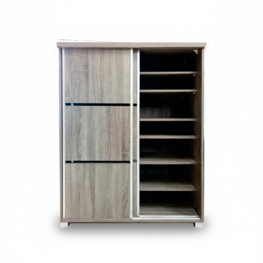 Two-door shoe cabinet with one door open showing empty shelves