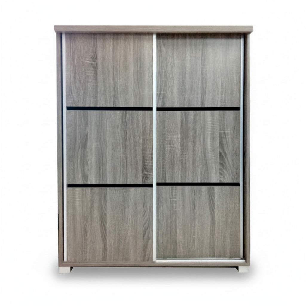 Two-door shoe cabinet front with two panels and horizontal stripe detailing