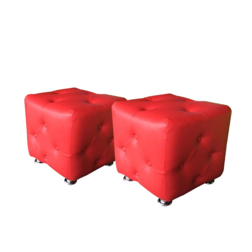 Red leather tufted ottoman set of 2, diamond stitching, button tufting, metal legs