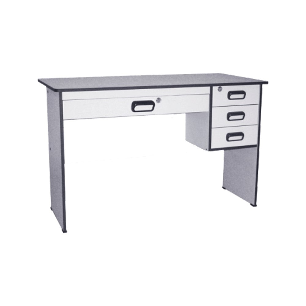 Gray clerical table with white drawers and open storage space
