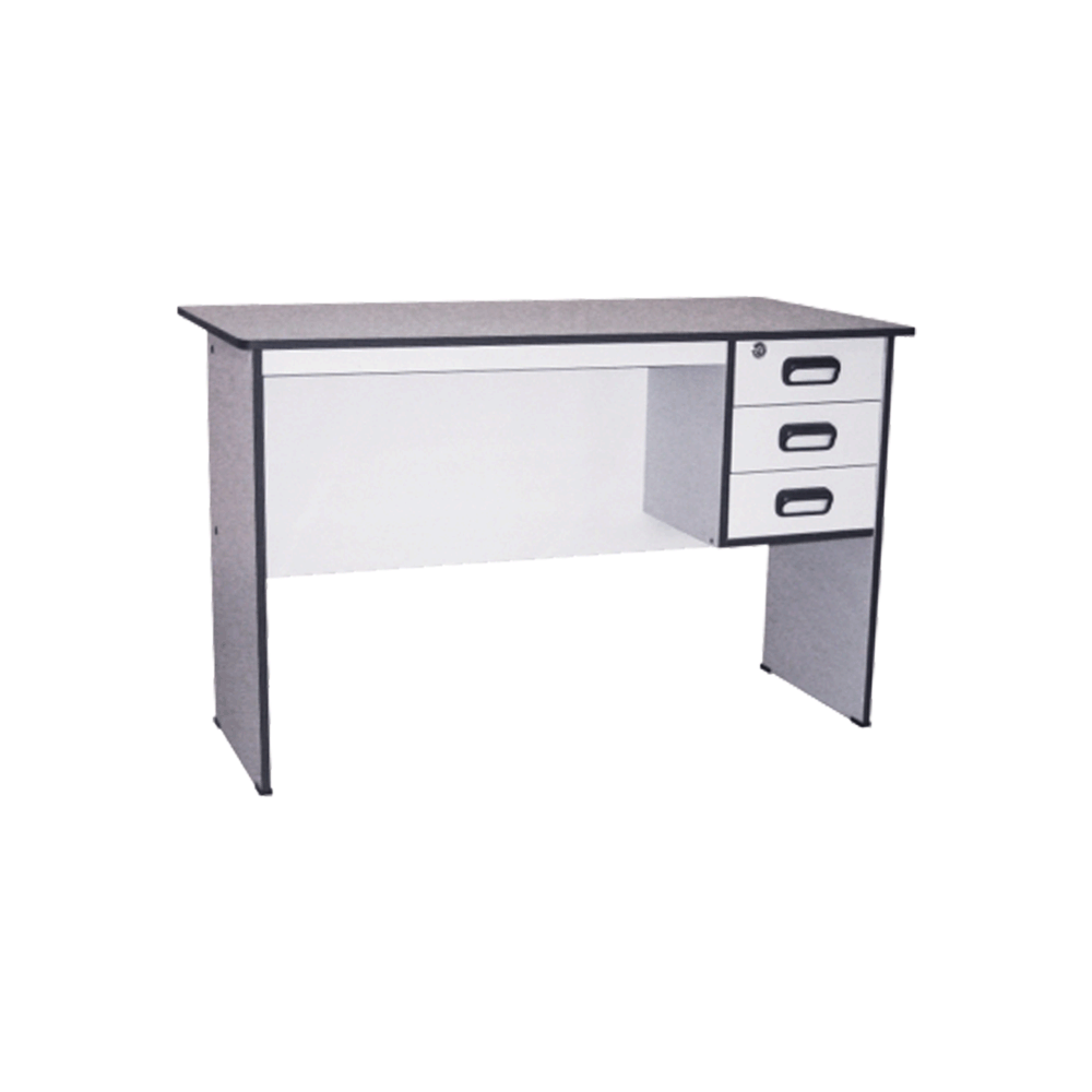 Gray clerical desk with black-and-gray cabinet drawers, flat tabletop and side cabinet.