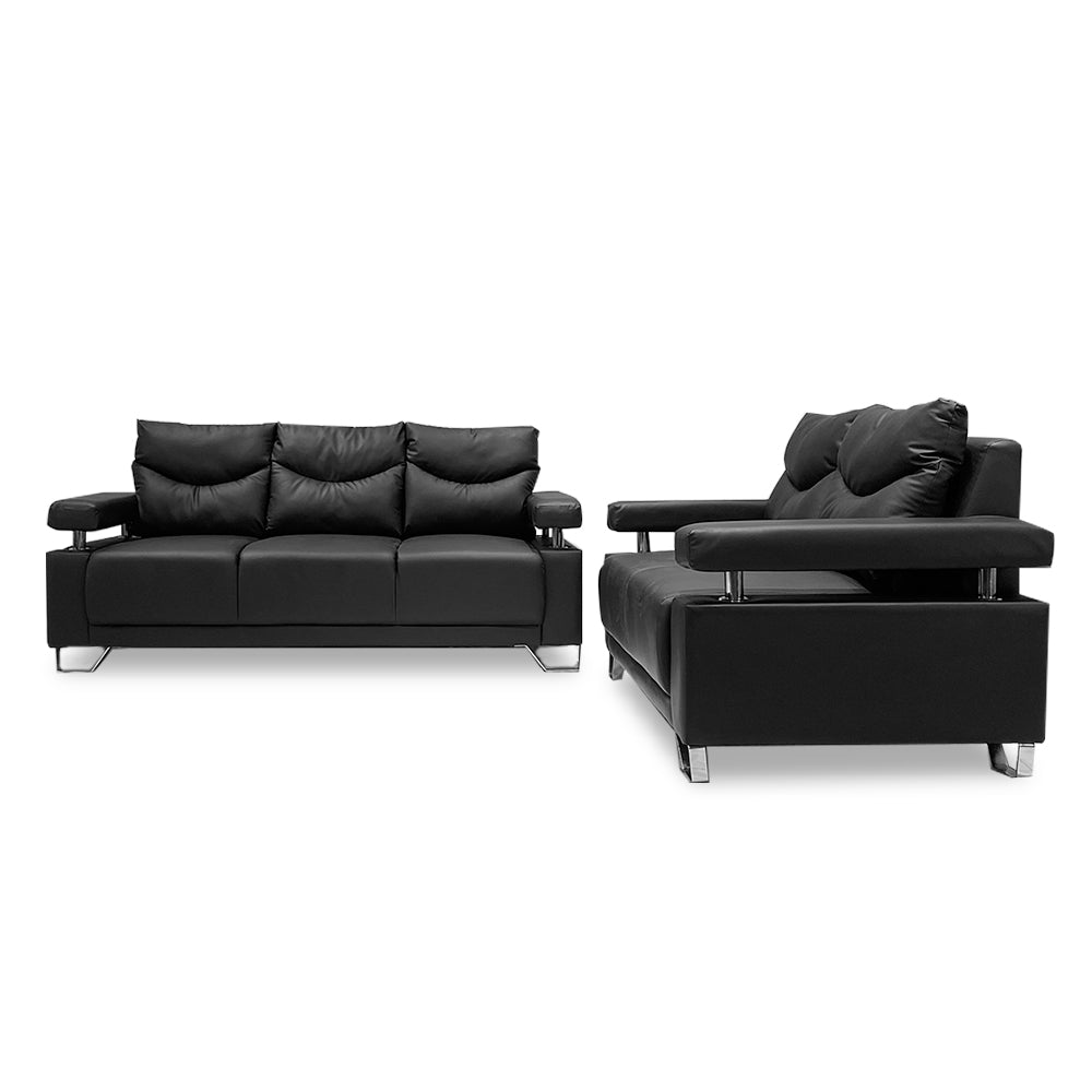 3-seat sofa set with dark fabric, tufted back cushions and chrome legs