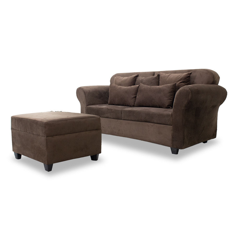 Brown 3-seater sectional sofa with chaise ottoman and four throw pillows