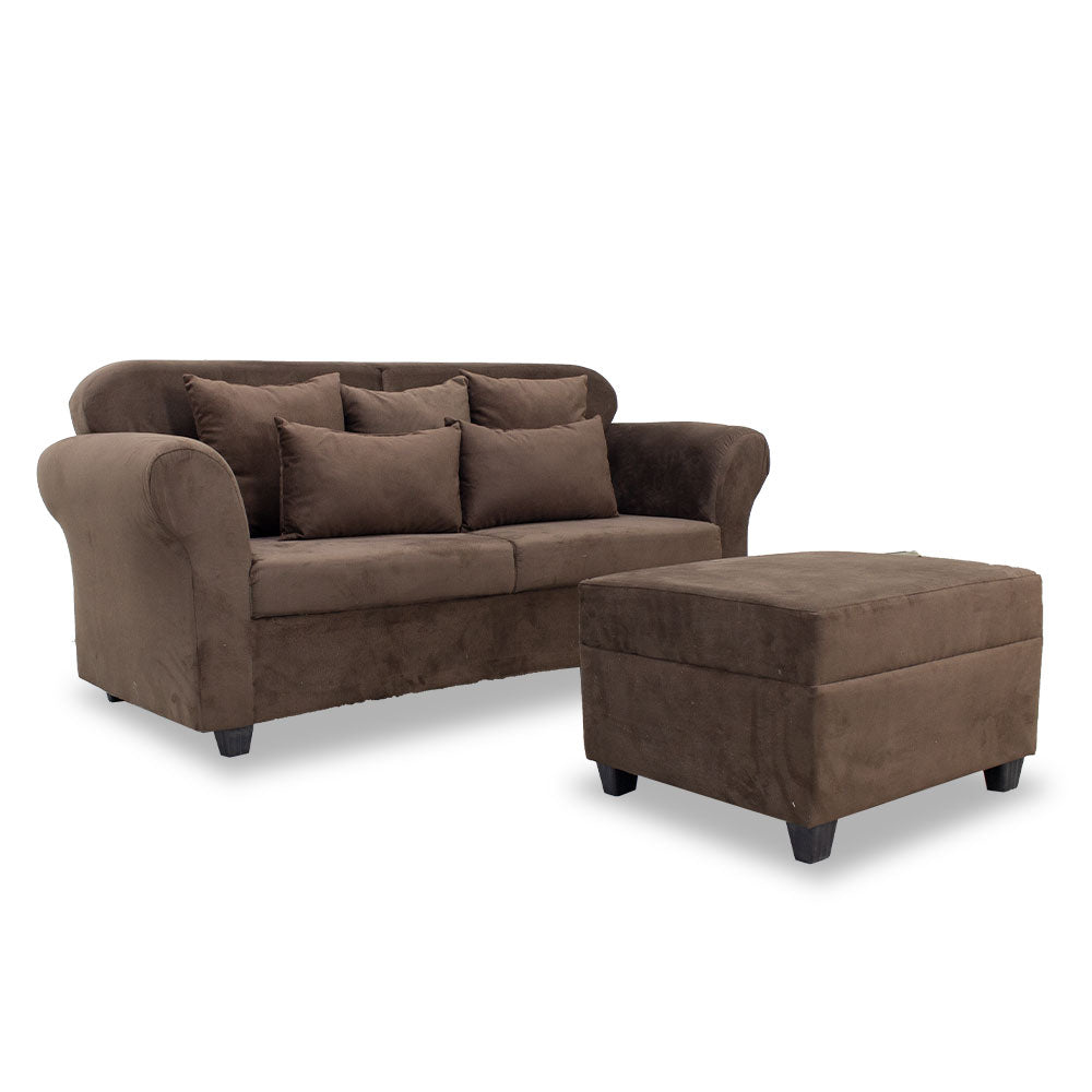 Brown 3-seater sectional sofa with corner chaise and five tufted cushions