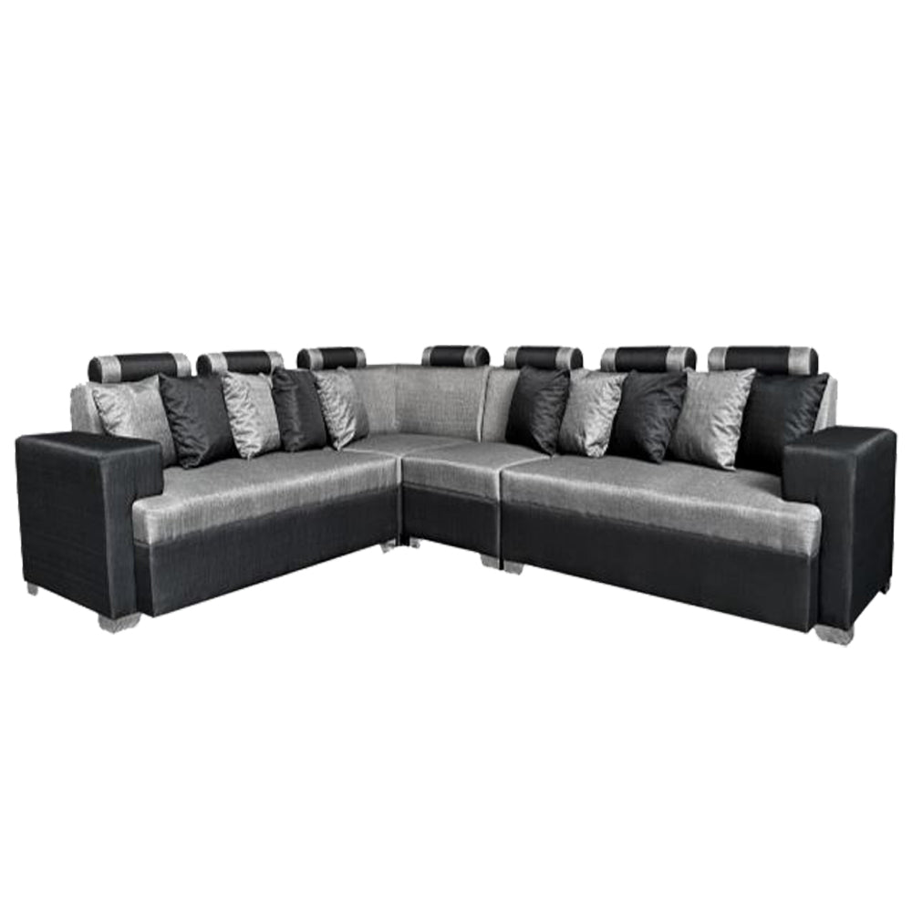 L-shape sectional sofa with gray upholstery, black arms, and multiple throw cushions