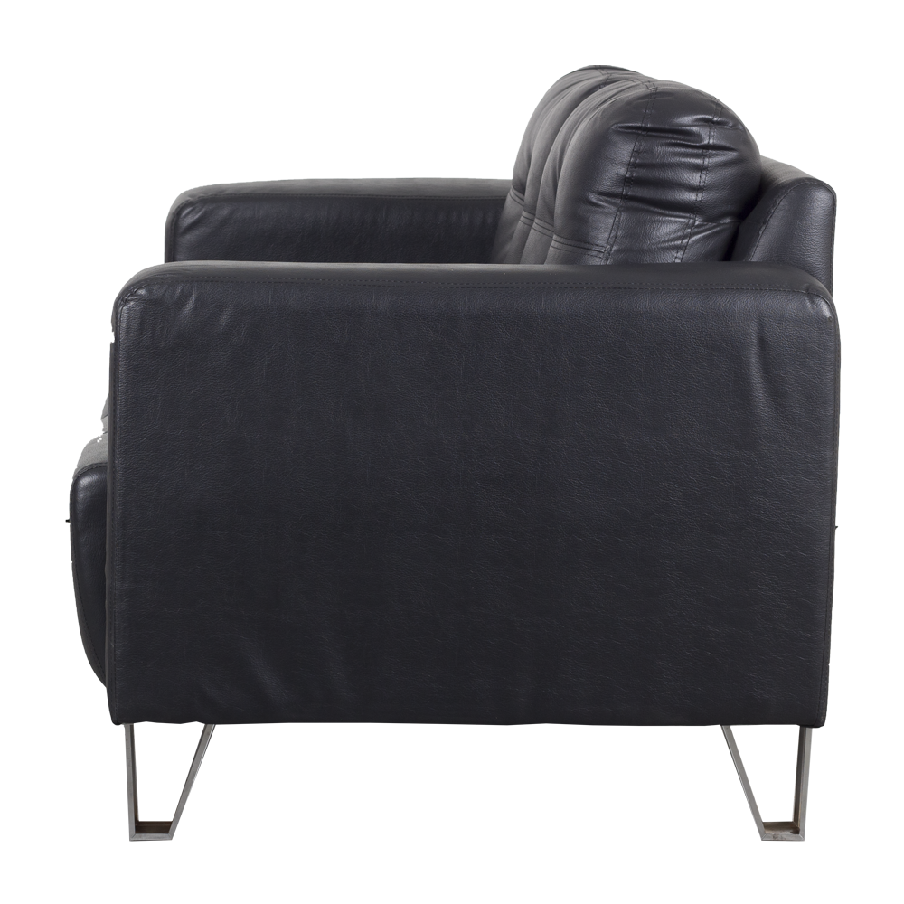 3-2 sofa set: dark sofa side view with tufted back and metal legs