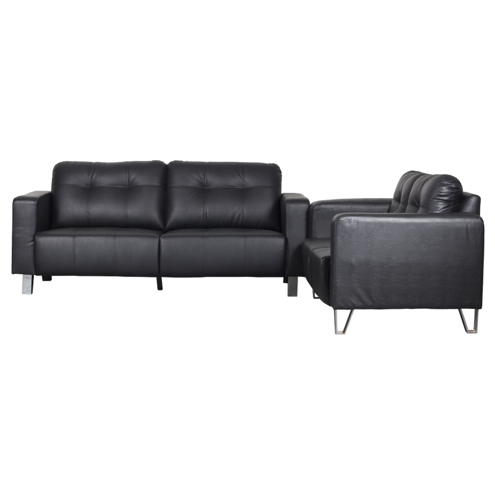 3-2 sofa set with dark upholstery: wide sofa plus matching loveseat armchairs