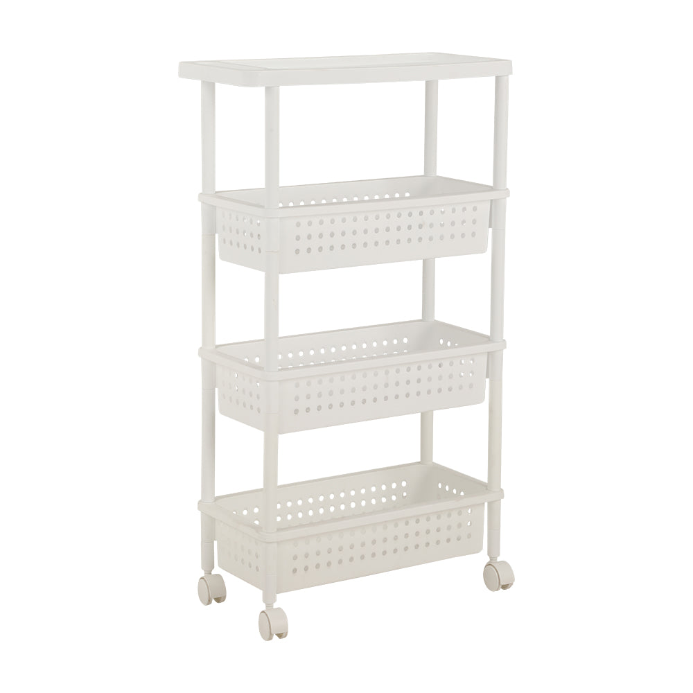 White 4-tier storage trolley with perforated shelves and caster wheels