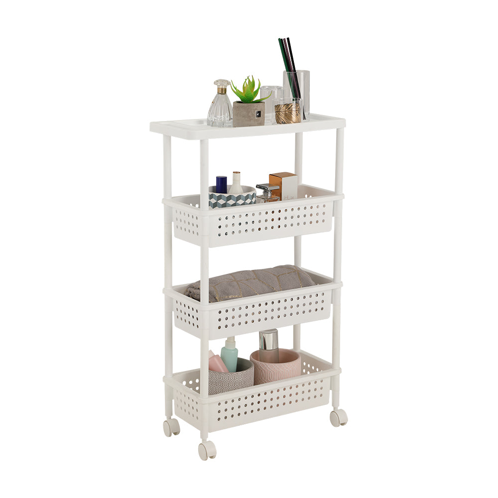 White 4-tier storage trolley with perforated shelves, caster wheels, and stored supplies