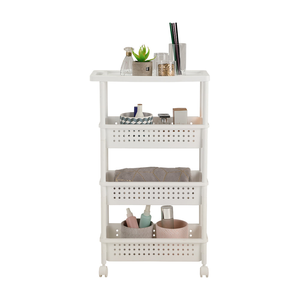 White 4-tier storage trolley with perforated shelves, caster wheels, and items on top