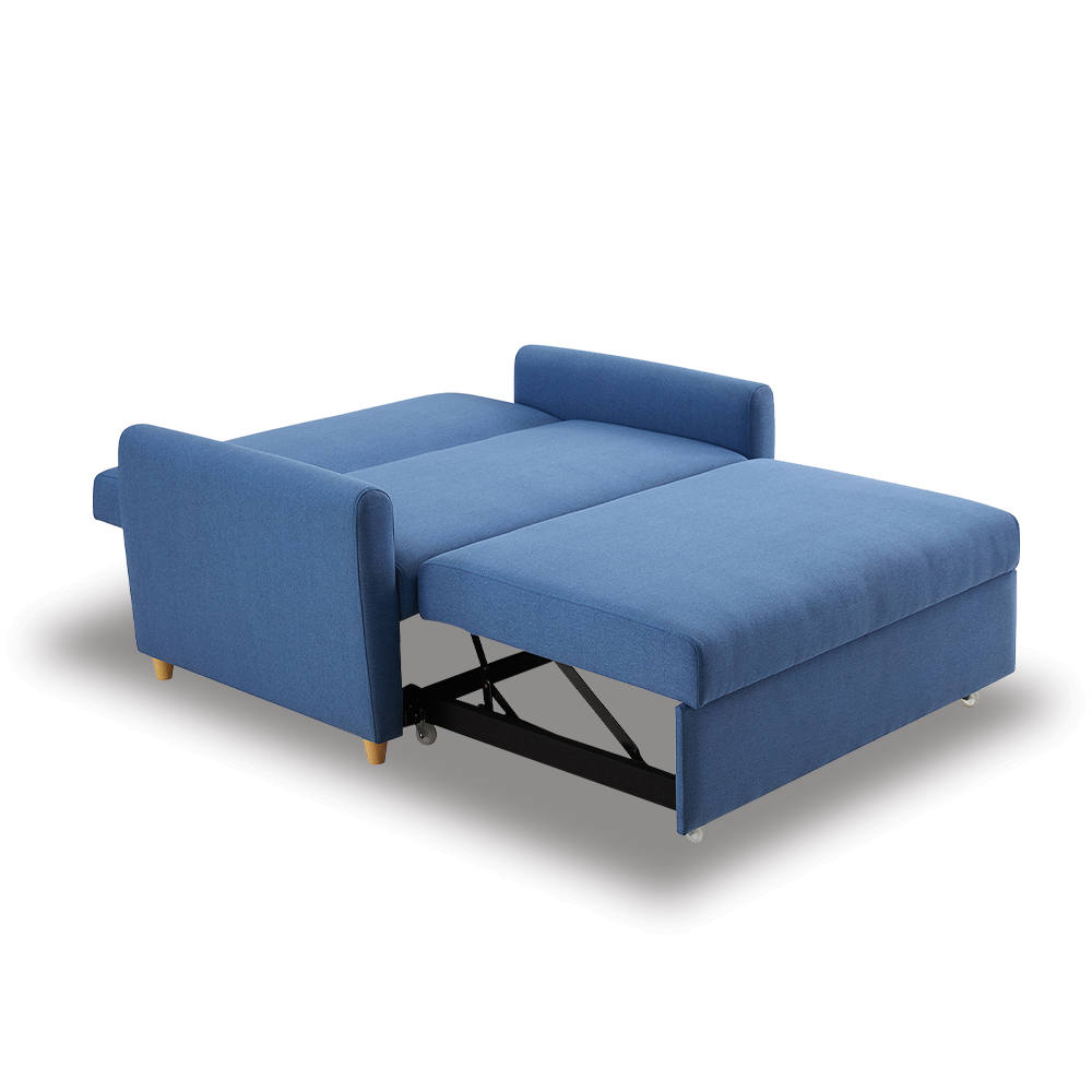 Blue fabric sofa bed with pull-out bed frame and square armrests