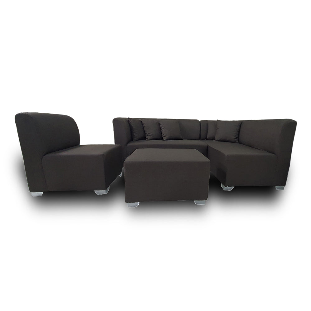 Dark gray L-shape sofa with ottoman-style center footrest