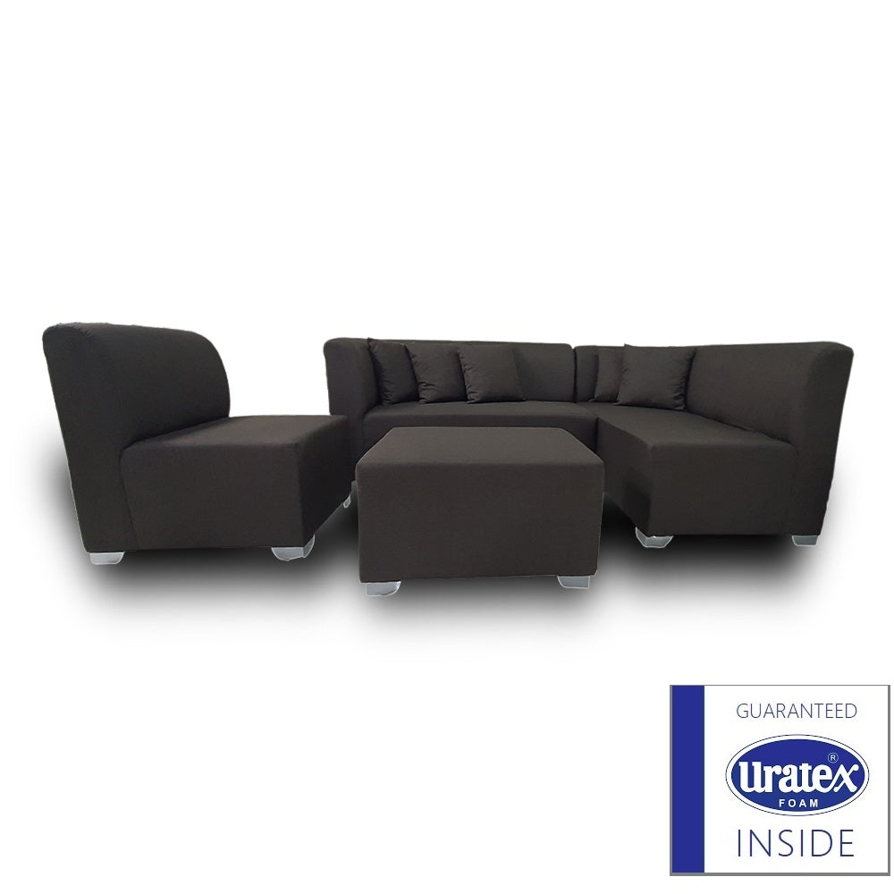 Dark gray L-shape sofa with center ottoman and Uratex Inside badge