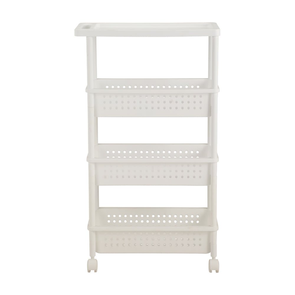 White 4-tier trolley with perforated shelves and four caster wheels