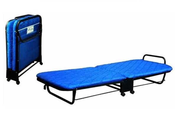 Folding bed with blue padded mattress and black metal frame, side storage stand included