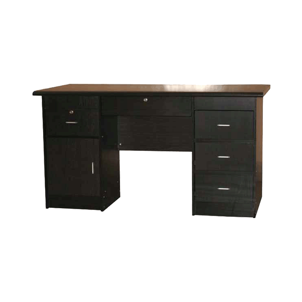 Executive desk with dark finish, wood top, and multiple drawer cabinets