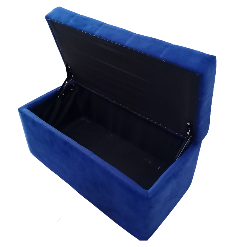 Blue fabric storage ottoman with open hinged lid showing dark interior