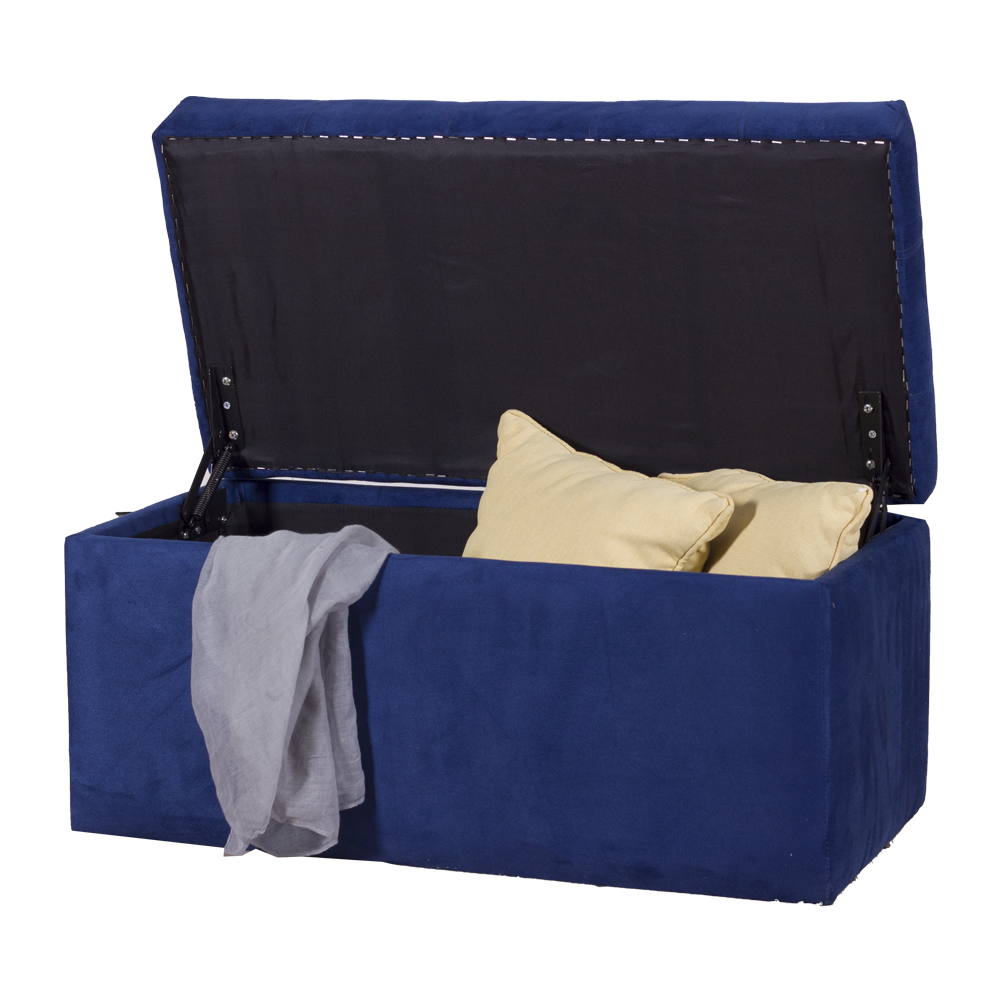 Blue fabric storage ottoman with open lid and beige pillows inside