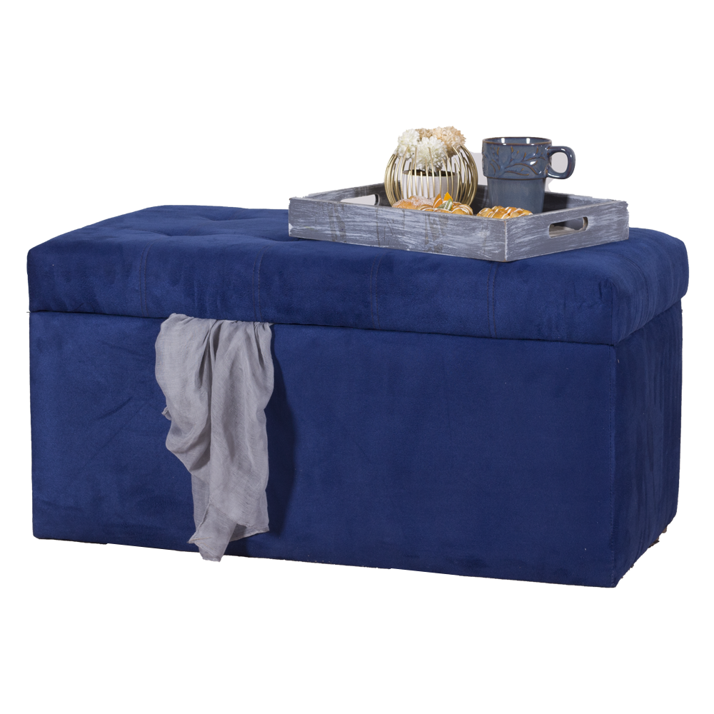 Blue fabric storage ottoman with hinged lid and tray accessories on top