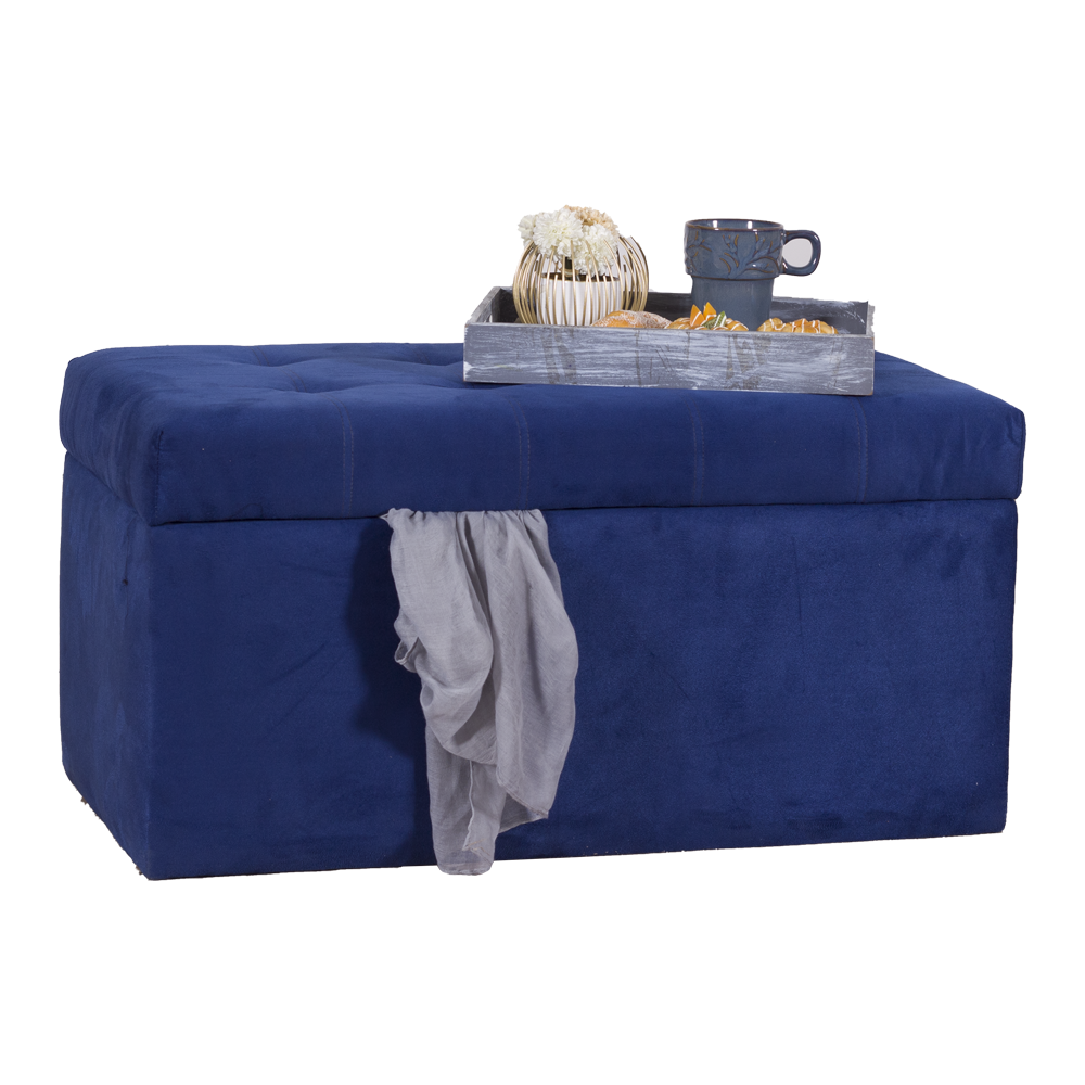 Blue fabric storage ottoman with hinged lid; tray and mugs on top, cloth draped