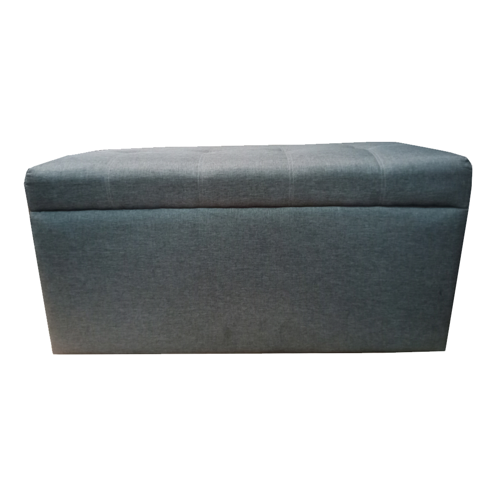 Reid ottoman in dark gray-blue fabric with padded hinged lid.