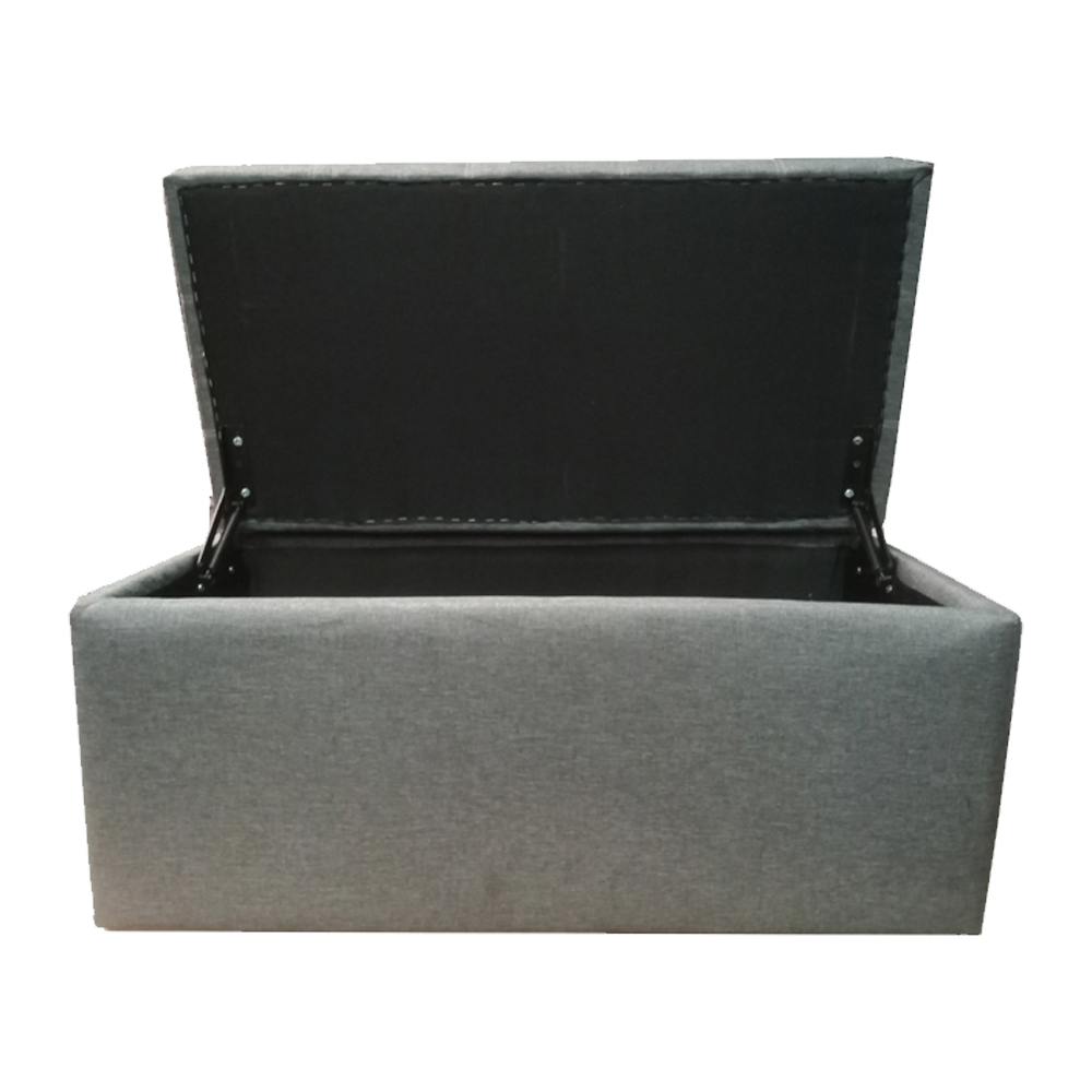Reid ottoman open with upholstered interior and padded hinged lid.