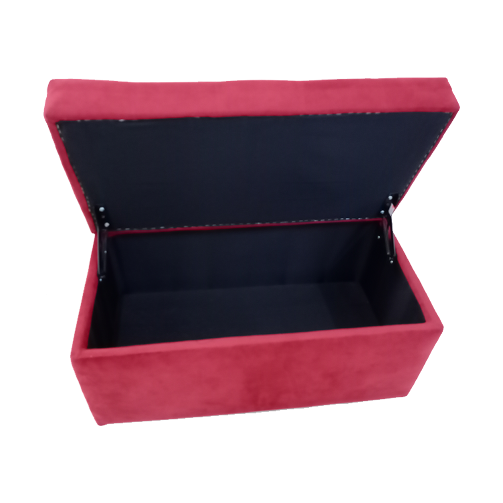 Red fabric storage ottoman with open lid showing dark interior